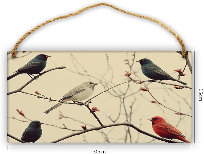 Vintage Bird & Yellow Blossom Wood Print, Whimsical Decors on Wood, 12x6 Inches, Ideal for Bird styles Lovers & Retro Interiors