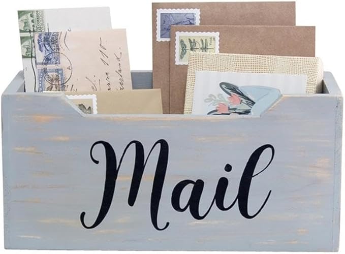 Elegant Designs HG2010-GMB Rustic Farmhouse Wooden Tabletop Black Script Word Mail Organizer Box, Letter Holder Office Accessories Décor, Gray Wash