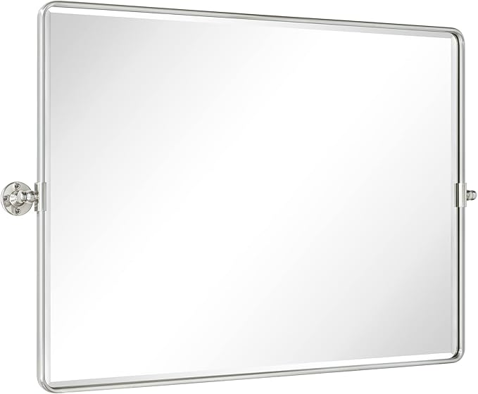 TEHOME Pivot Mirror Brushed Nickel Tilt Bathroom Vanity Mirror Brushed Nickel Metal Framed Rectangle Horizontal Tilting Beveled Vanity Mirrors, Overall 44.12 x 30 inches (Mirrror 40 x 30 inches)
