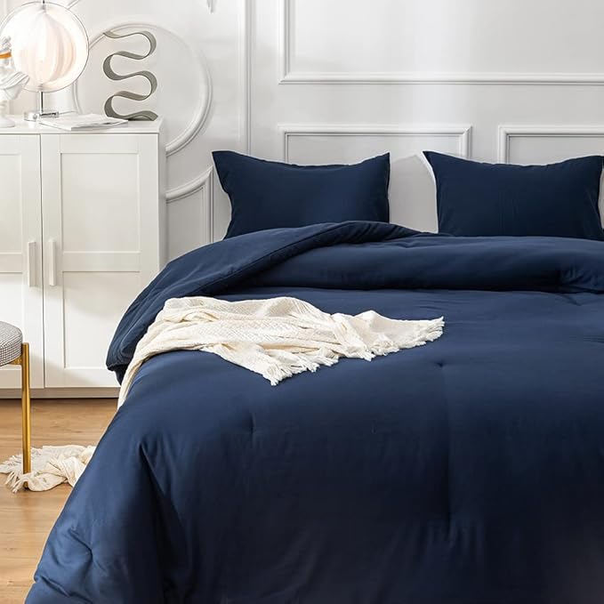 Pureant Navy Blue Comforter King Set Dark Blue Bedding Comforter Set Solid Navy King Blanket Quilts Men Women Cotton Blue King Size Comforter Breathable Soft Navy Blue Comforter with 2 Pillowcases