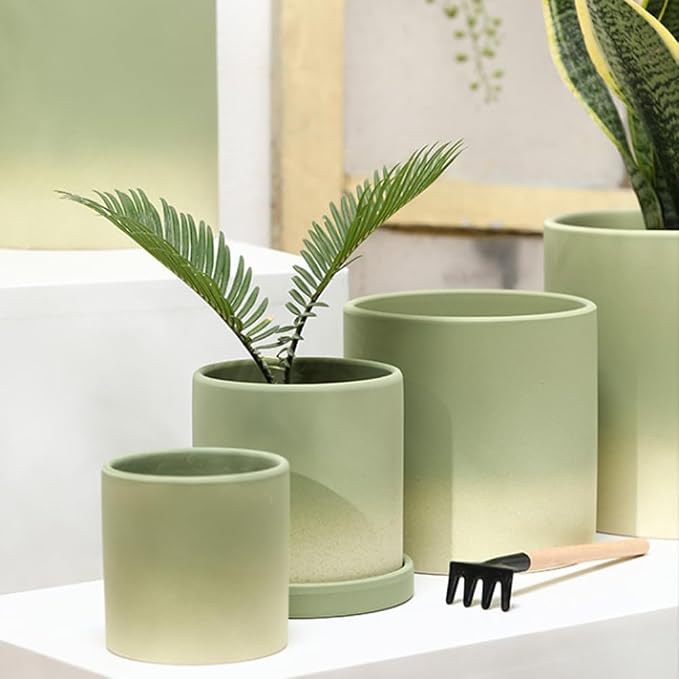 Water-Absorbent and Breathable Ceramic Planters, 9 Inch Straight Tube Pots for Plants, Indoor Plant Pots with Drainage Holes and Saucers, Modern Planters Fit Mid Century Plant Stand