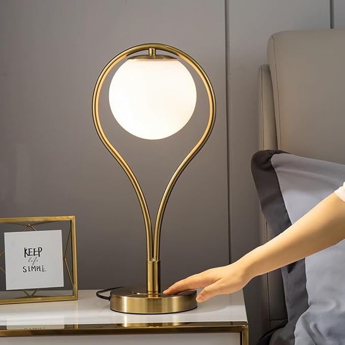 Globe Desk Lamp Mid Century Table Lamp Reading Light with Frosted Glass Shade Gold ON-Off Switch Nightstand Night Light for Room Home Office Desk Dorm Study