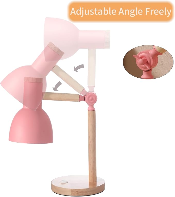Desk Lamp,Wooden Adjustable Tri-Color Table & Bedside Lamp for Office, Living Room, Bedroom & Kids Room (Pink)