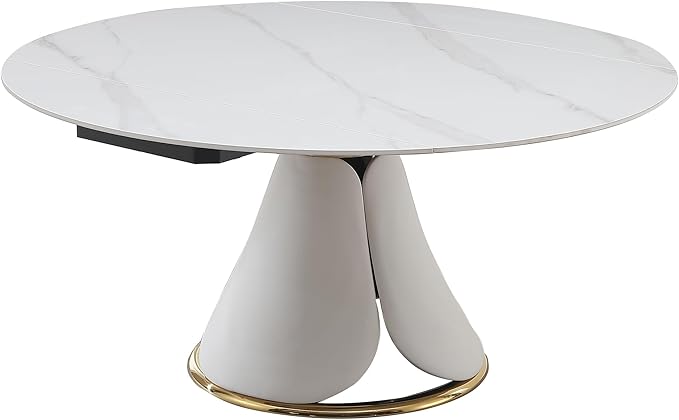Round Marble Dining Table for 6-8, Multi-Functional Retractable Kitchen and Dining Room Table, Petal Pu Leather & Metal Base (Only Table)