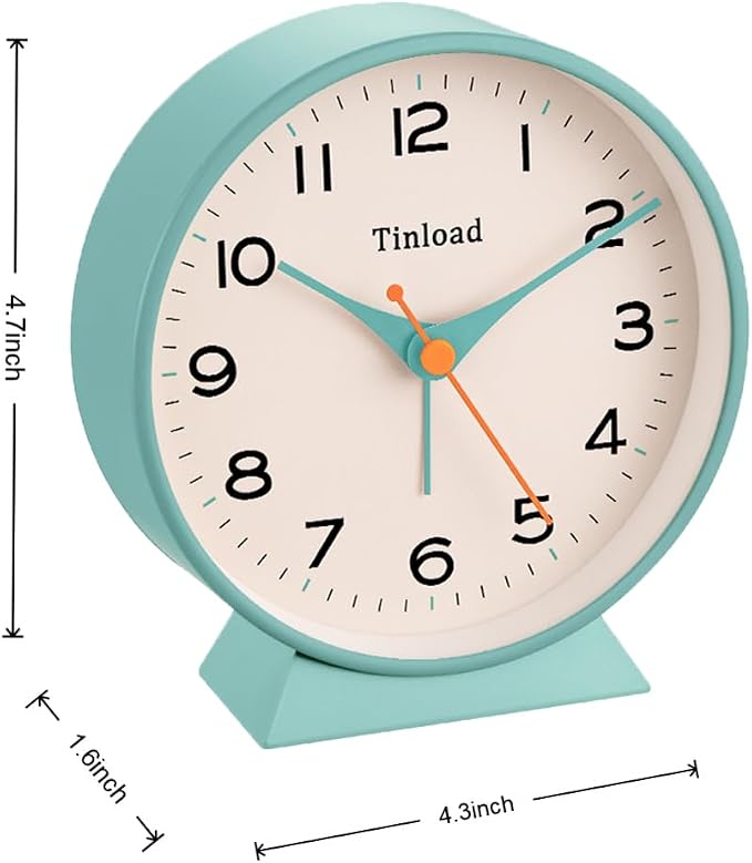 Tinload 4.5" Battery Operated Retro Analog Alarm Clock, Small Silent Bedside Desk Clock,Lighted on Demand, Battery Operated, Snooze, for Living Room, Bedroom, Bedside, Desk(Green)
