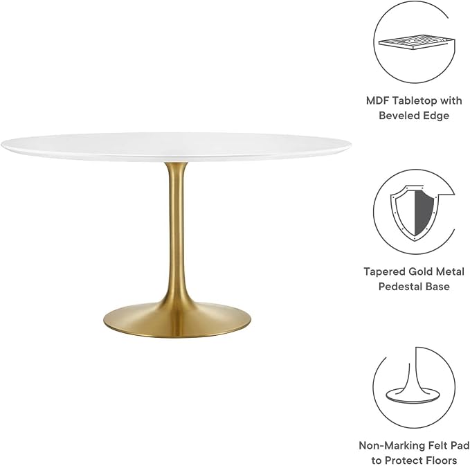 Modway Lippa 54" Mid-Century Modern Dining Table with Round White Top in Gold White