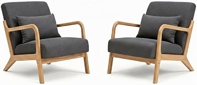 Set of 2 Mid Century Modern Accent Chair with Wood Frame and Linen Fabric Upholstery, Comfortable Lounge Armchair with Pillow, Wooden Accent Chair for Living Room, Bedroom, or Reading Corner