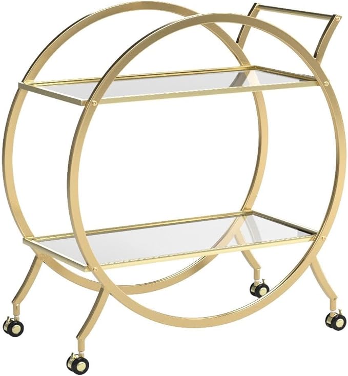 MAIKAILUN Bar Cart with 2 Mirrored Shelves, Modern Metal Bar Serving Cart with Locking Caster Wheels and Handle, Gold Round Bar Carts for The Home,Kitchen,Club,Living Room(28.34''W14.96''D31''H)