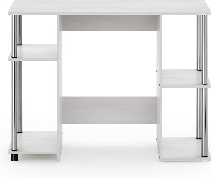 Furinno JAYA Desk, 38.4" Wide Gaming Desk, Computer Study Desk, Office Desk with Side Shelves, Open Storage, for Home Office, Bedroom, Dorm, Study Room, White Oak/Stainless Steel