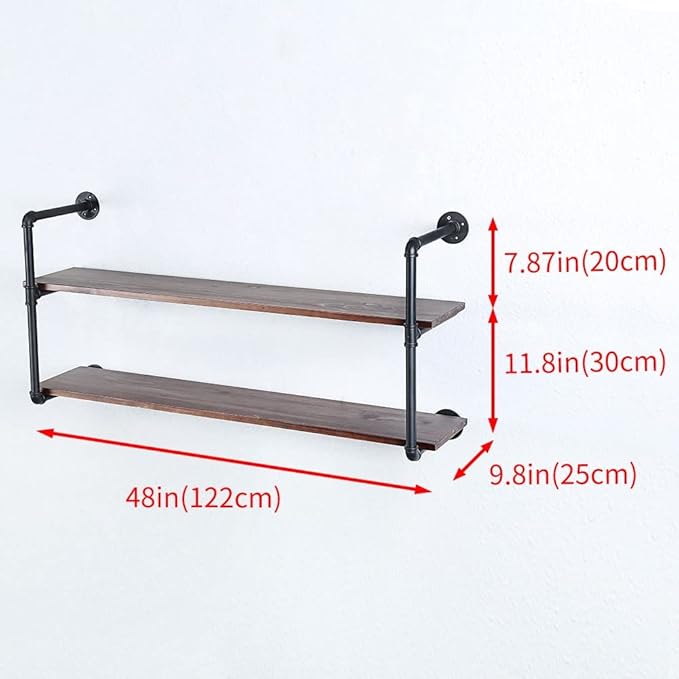 Industrial Pipe Shelving Wall Mounted,48in Rustic Metal Floating Shelves,Steampunk Real Wood Book Shelves,Wall Shelf Unit Bookshelf Hanging Wall Shelves,Farmhouse Kitchen Bar Shelving(2 Tier)