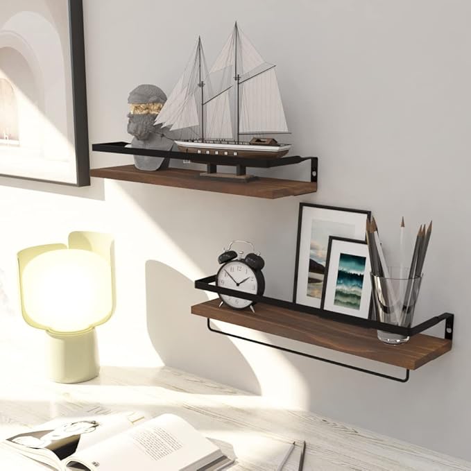Floating Shelves for Wall, Bathroom Shelves with Towel Bar, Wall Mounted Storage Shelves for Kitchen, Bathroom, Set of 2 Brown