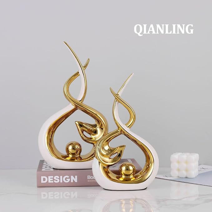 QIANLING Home Decor Modern Abstract Art Ceramic Statue - White and Gld Ceramic Sculpture, Dining Table Centerpiece Decor, Decoration for Living Room, Coffee Table, Shelf, Kitchen