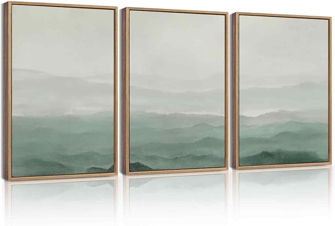 KUVIOKE Green Watercolor Mountains in Fog Framed Canvas Wall Art Wilderness Nature Landscape Artwork Painting Boho Rustic Scenic Relax Cool Room Decor for Bedroom Living Room 12x16in (Natural Framed)