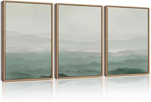 KUVIOKE Green Watercolor Mountains in Fog Framed Canvas Wall Art Wilderness Nature Landscape Artwork Painting Boho Rustic Scenic Relax Cool Room Decor for Bedroom Living Room 12x16in (Natural Framed)