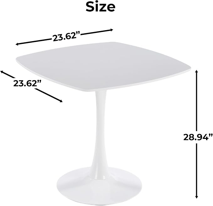 23.62" White Tulip Table, Square Dining Table for 2, Pedestal Table with Metal Leg, Mid Century Modern Bistro Table for Kitchen, Small Space & Cafe