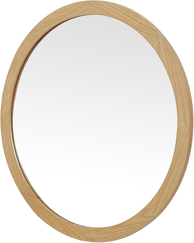ARIEL Round Wooden Mirror 36" in Natural Oak, Wood Circle Wall Mirror for Bathroom, Vanity, Entryway & Living Room Decor, Farmhouse Style