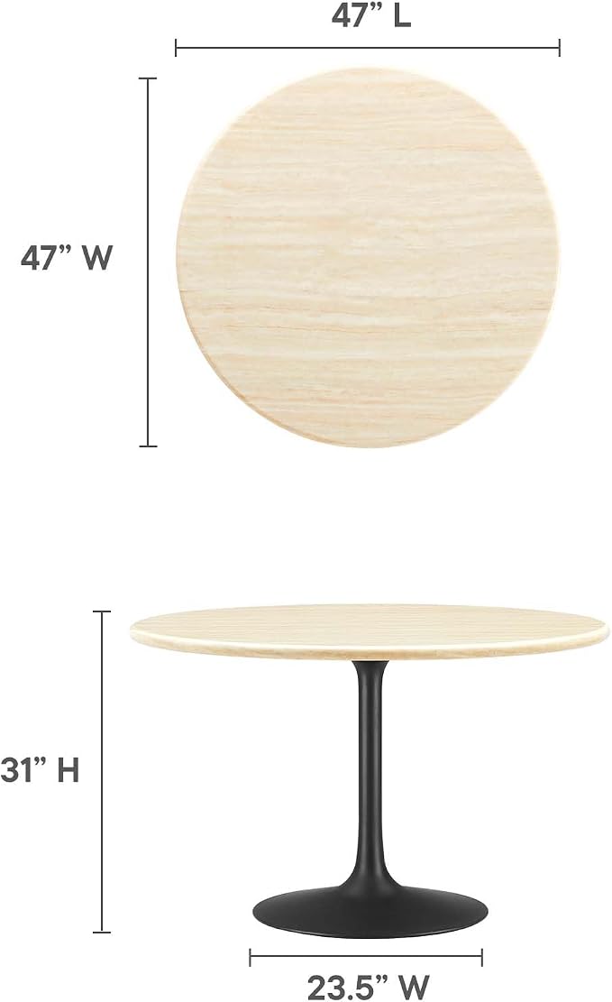 Modway Lippa 48" Round Artificial Dining Table with Tapered, Metal Base, Black Travertine
