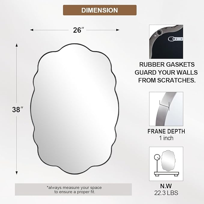 ANDY STAR Brushed Nickel Wavy Oval Bathroom Mirror, 26x38 Inch Silver Scalloped Wall Mirror, Unique Irregular Wall Mirror with Sophisticated Curved Design