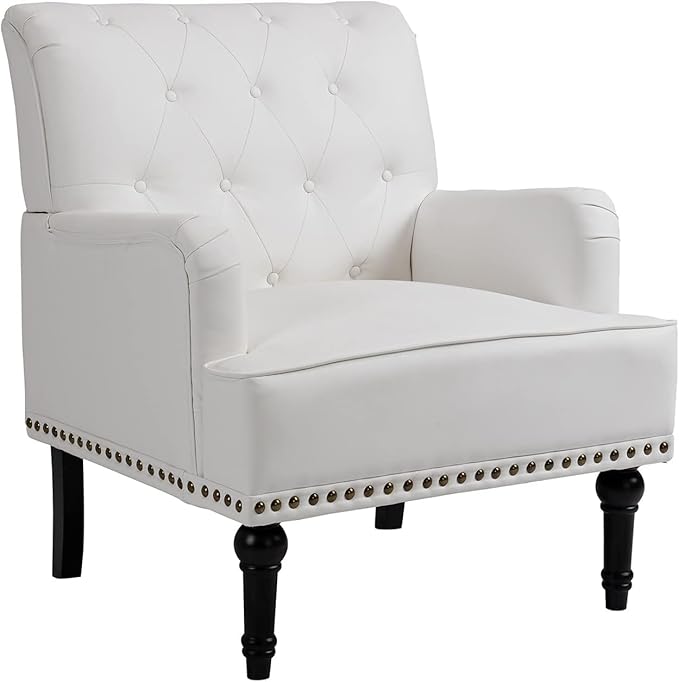 MOJAY PU Leather Accent Chair, Mid-Century Armchair Living Room Sofa Chair with Rubber Wood Leg, Club Chair with Rivet Trim for Bedroom Reading Room Reception (White)
