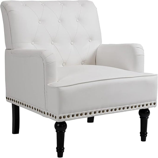 MOJAY PU Leather Accent Chair, Mid-Century Armchair Living Room Sofa Chair with Rubber Wood Leg, Club Chair with Rivet Trim for Bedroom Reading Room Reception (White)