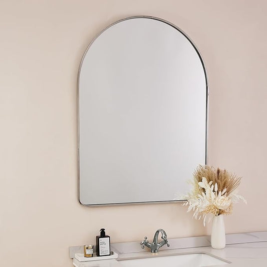 ANDY STAR Brushed Nickel Arched Mirror, 26x38’’ Arched Bathroom Mirro for Wall in Tube Metal Frame, SUS304-Anti-Rust, 1’’ Deep Set Wall Mounted Vertical