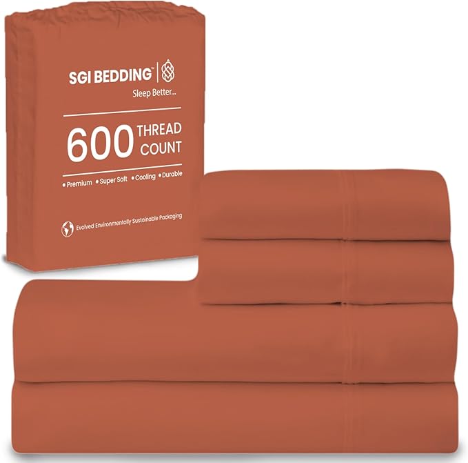 SGI bedding 100% Egyptian Cotton Sheets Twin XL Size – 600 Thread Count Sheets Set, Soft, Cooling, 15" Deep Pocket, Luxury Hotel Bedding, Breathable, Durable - Terracotta