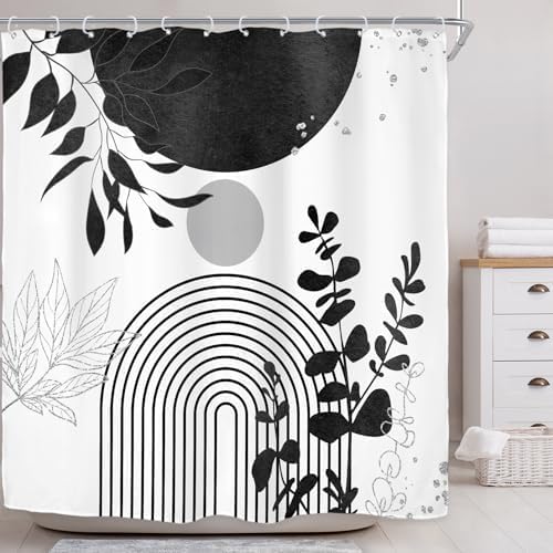 Riyidecor Black White Silver Boho Modern Shower Curtain for Bathroom Decor 72Wx72H Mid Century Bohemian Eucalyptus Leaves Abstract Arch Art Printed Fabric Polyester Waterproof 12 Pack Plastic Hooks