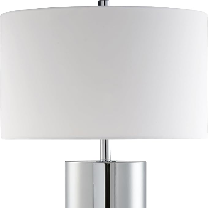 Henn&Hart 29.5" Mid-Century Modern 1-Light Table Lamp with White Fabric Drum Shade for Living Room, Bedroom, or Office, Polished Silver