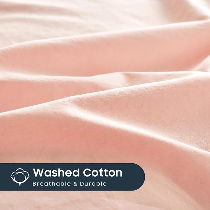 Wake In Cloud - Cotton Duvet Cover Set, 100% Washed Cotton, Linen Like Textured, Breathable Durable Comfy Farmhouse Neutral Bedding Set, 3 Pieces, Pink, Twin/Twin XL Size