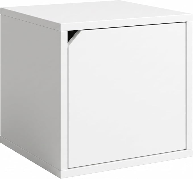 Modular Storage Cube with Door, 11.8" x 11.8" [30 x 30 x 30cm] Multipurpose Wooden Bookshelf and Closet Organizer, Stackable Shelving Unit with Optional Removable Interior Shelf (3, White)