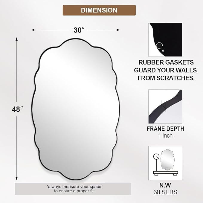 ANDY STAR Matte Black Wavy Scalloped Wall Mirror -30x48 Inch Large Wavy Oval Bathroom Mirror, Living Room & Entryway, Anti Rust Stainless Steel MetalWall Mount Horizontal or Vertical