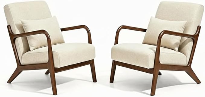 Set of 2 Mid Century Modern Accent Chair - Solid Rubberwood Frame Reading Armchair with Lumbar Pillow - Comfy Linen Lounge Chair for Living Room Bedroom Small Space - Heavy Duty 350lbs