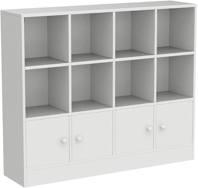 Cozy Castle White Wood Bookcase, 12 Cube Display Shelf with 4 Doors, 3 Tier Open Bookshelf with Adjustable Shelves for Living Room, Home Office, Entryway