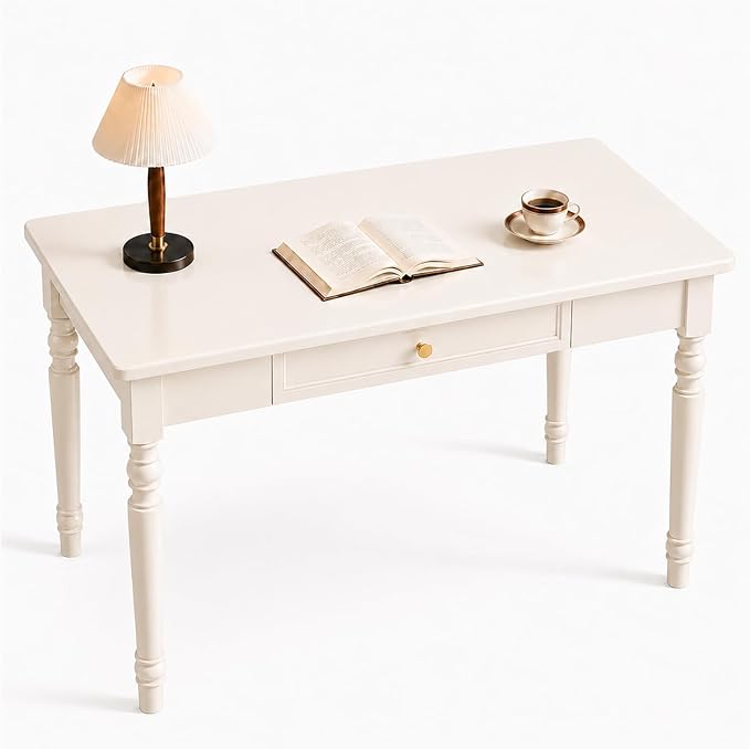 Walnut Writing Desks with Drawers, 47" Solid Wood French Country Style Computer Desk for Home Office, Living Room Study Workspace or Bedroom, Traditional Vanity Dressing Table