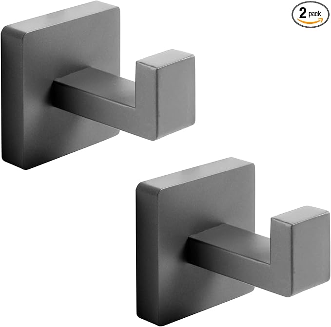 Heavy Duty Stainless Steel Towel Hooks, Wall Mounted Square Robe Hooks for Bathroom, Kitchen, Bedroom, Hotel 2 Pack Grey