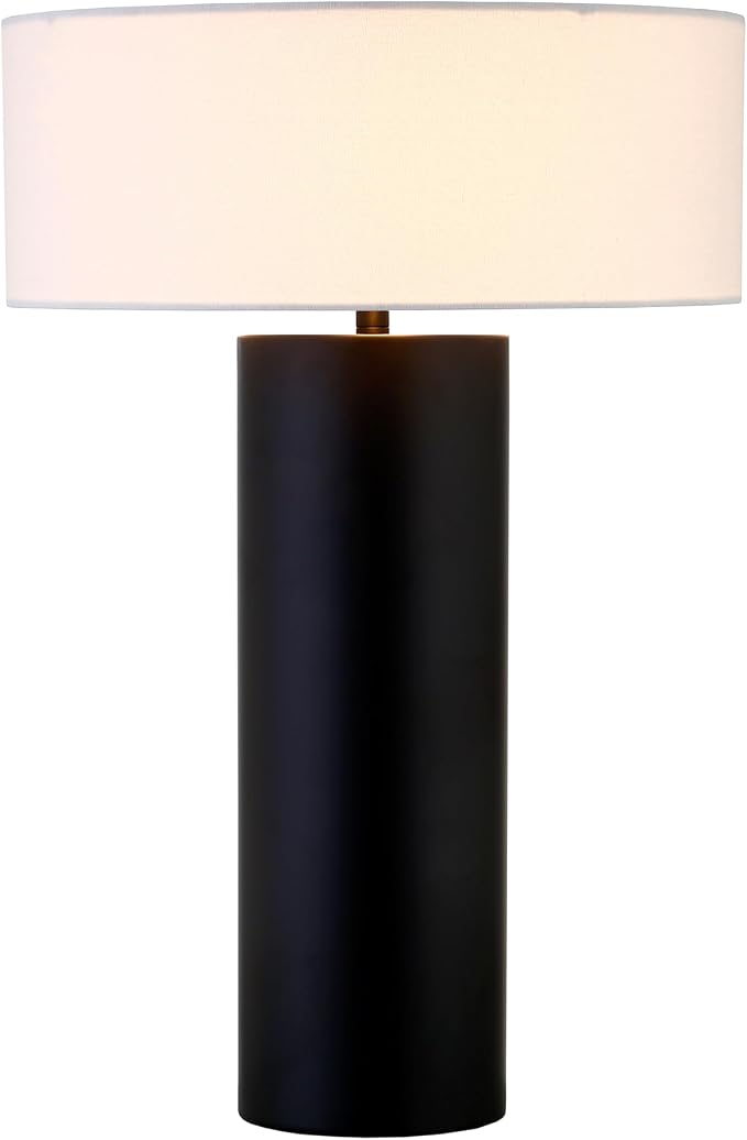 Henn&Hart 24" Mid-Century Modern 1-Light Table Lamp with White Fabric Drum Shade for Living Room, Bedroom, or Office, Black