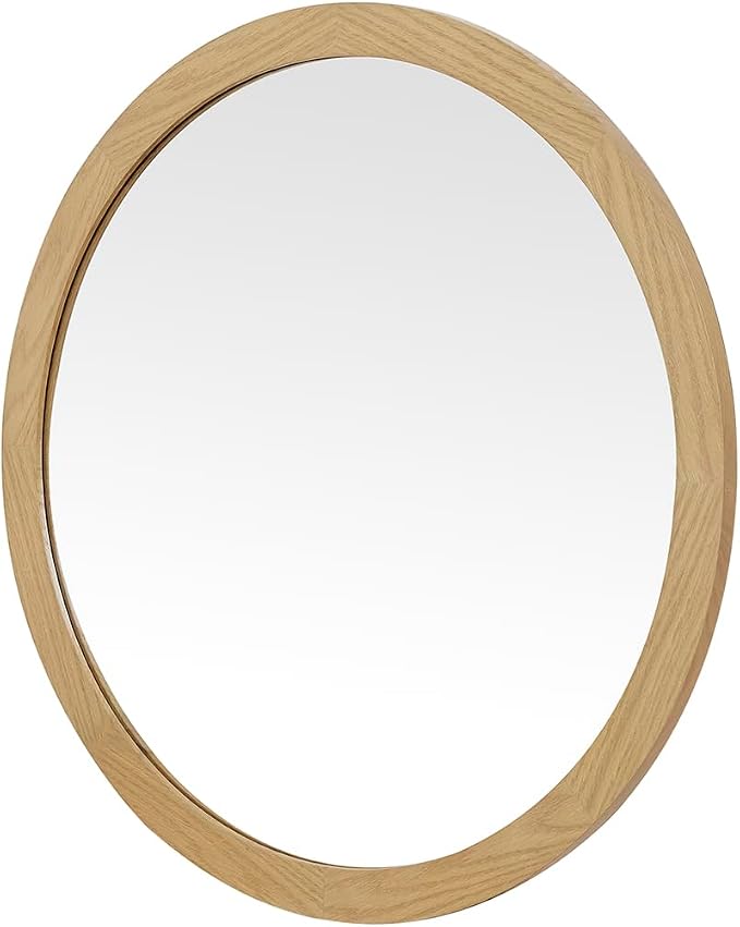 ARIEL Round Wooden Mirror 24" in Natural Oak, Wood Circle Wall Mirror for Bathroom, Vanity, Entryway & Living Room Decor, Farmhouse Style