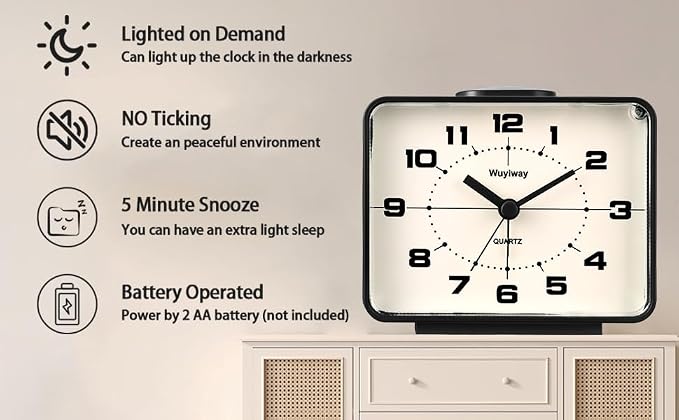 Retro Analog Alarm Clock, 4 Inch Silent Non-Ticking, Ascending Alarm with Snooze & Night Light, Battery Operated, Easy Set Vintage Bedside Clock for Bedroom, Nightstand, Desk (Black)