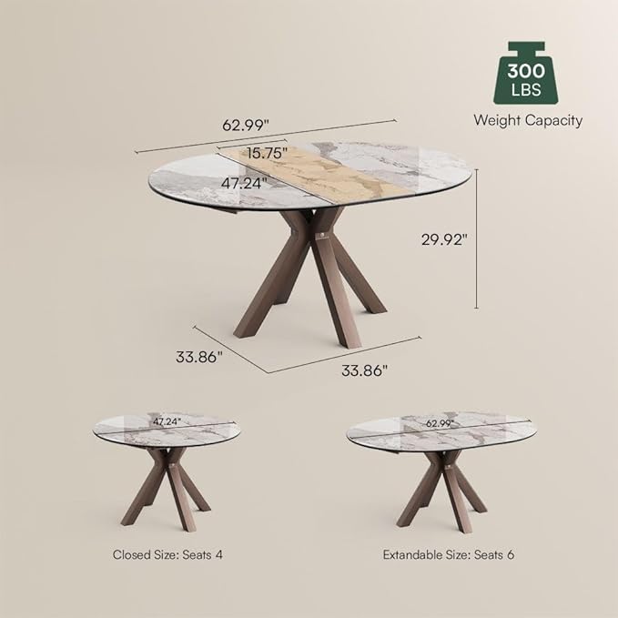 POVISON Modern Extendable Dining Table, 47" to 63" Round to Oval Sintered Stone Kitchen Table with Carbon Steel Pedestal Base for 4-6, Pandora with Bronze(Table Only