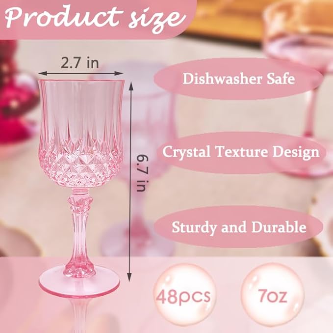 Plastic Wine Glasses, Plastic Goblets Vintage Style Cordial Drinking Glasses for Valentine’s Day, Wedding Reception, Grand Event Party Supplies (48, Pink)