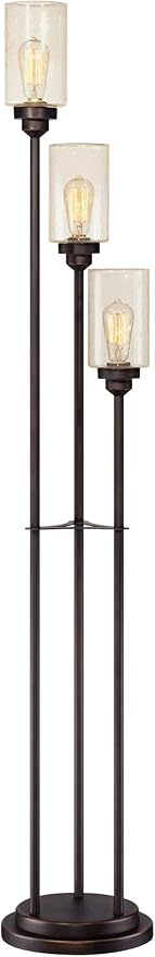 Franklin Iron Works Libby Industrial Modern 66" Tall Tree Floor Lamp with Smart Socket Oiled Bronze Brown Metal 3-Light Amber Seeded Glass Shade for Living Room Family Bedroom Office House Home