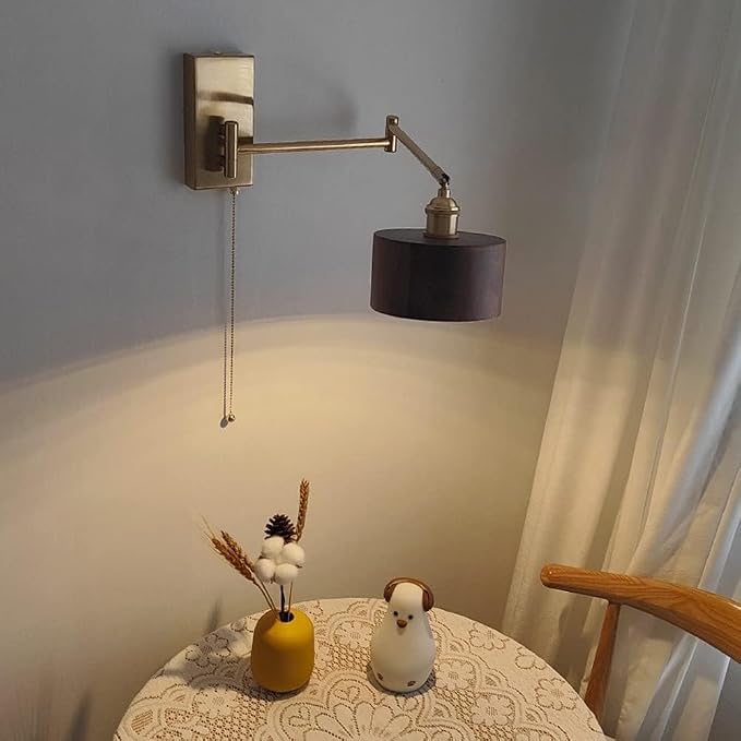 Retro Swing Arm Wall Lamp with Pull-Down Switch, Wooden Cylindrical Shade, Adjustable Lighting for Living Room, Bedroom, Study