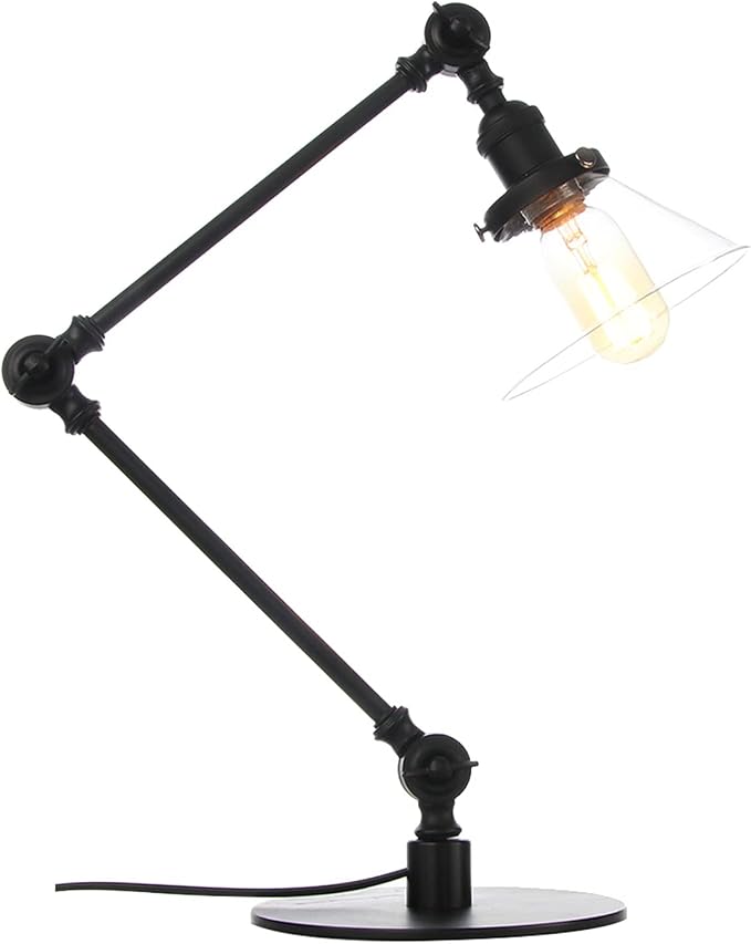 Table Lamp, Adjustable Swing Arm Metal Desk Lamp with Clear Glass Shade, Vintage E26 Reading Light for Bedroom or Bedside