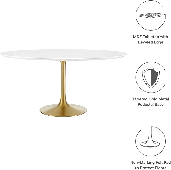 Modway Lippa 60" Mid-Century Modern Dining Table with Round White Top and Pedestal Base in Gold White