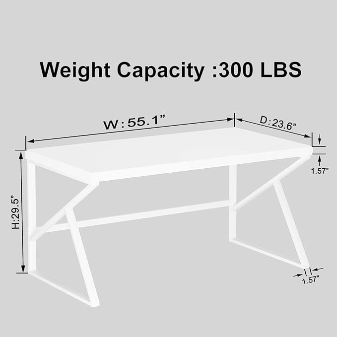 HSH White Computer Desk, Modern Wood Home Office Desk, PC Desk for Executive Work Writing Study Gaming Student Bedroom, Farmhouse Simple Wooden and Metal Computer Table Workstation, White Oak 55 Inch