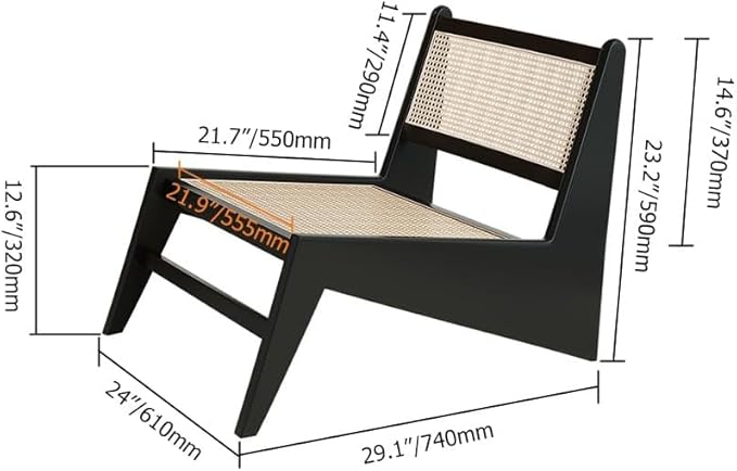 homary Japandi Rattan and Wood Lounge Chairs Mid Century Modern Armless Accent Chair for Living Room Bedroom Balcony & Patio (Black)