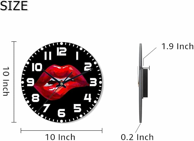 Red Lips Wall Clock Sexy Biting Lips on Black Background Battery Powered Wall Clock Silent Non Ticking 10 Inch for Living Room, Kitchen, Home,Bathroom, Bedroom