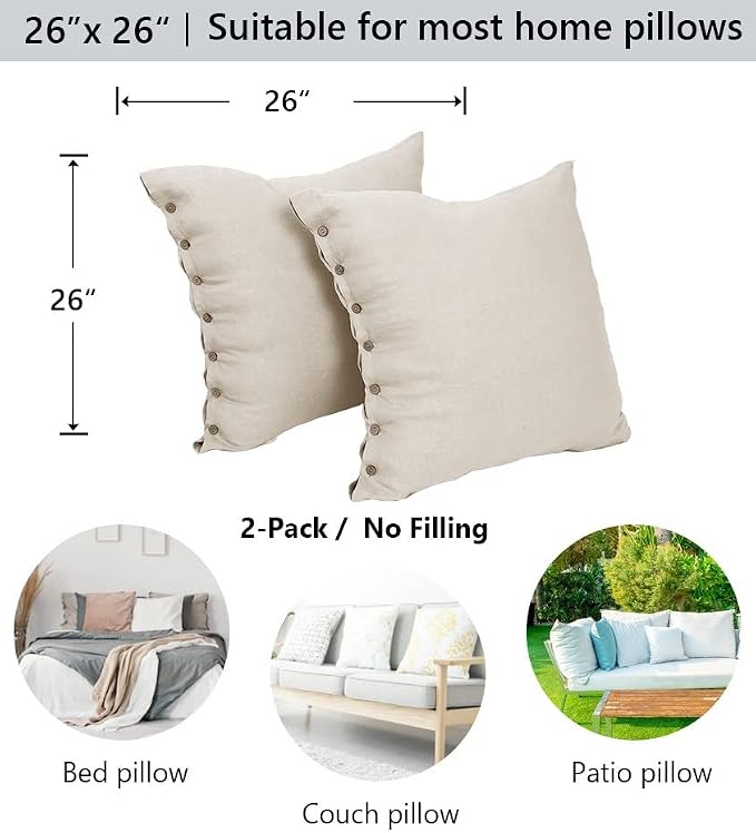 Simple&Opulence 100% Linen Euro Shams with Coconut Button (26'' x 26'') - Pack of 2 - Washed Solid Color Natural Flax Soft Breathable - Linen
