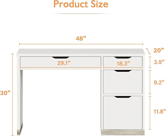 MaverickFurni White Desk with Drawers, 48 Inch Small Computer Desk with 4 Storage Drawers for Small Space, Home Office Desk for Bedroom with Storage File Drawer