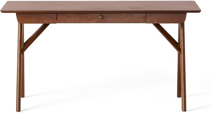 Hassyee Mid-Century Modern Style Writing Desk with Large Drawers, Computer Study Desk with Solid Rubberwood Legs for Home Office Workspace or Entryway (Walnut -1)